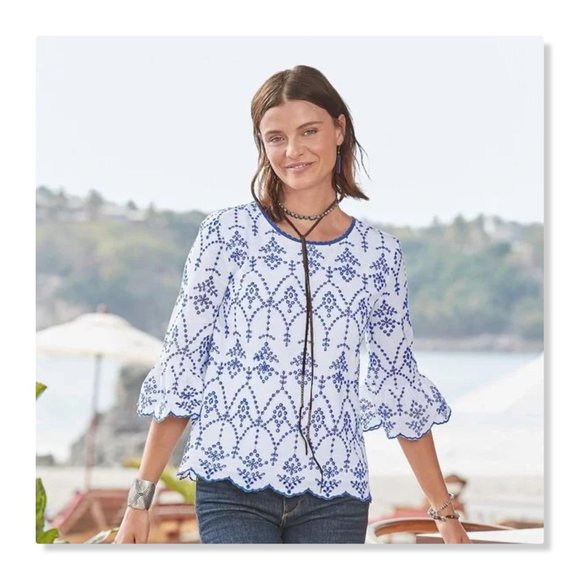 Sundance Palmera Embroidered Eyelet Top Ruffle Bell Sleeve Blue White - Picture 10 of 10